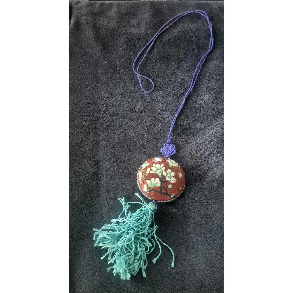 Vtg  Chinese Cloisonne Enamel Floral Pendant Tassel Necklace  20" Double Sided